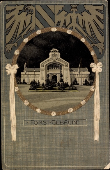 Embossed passepartout PC Nuremberg Middle Franconia, anniversary state exhibition 1906, forestry building