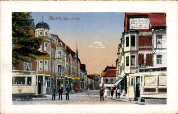 Postcard Moers am Niederrhein, Steinstraße, shop Krüger and Oberbeck Imports, tram