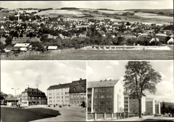 Postcard Zwönitz in the Ore Mountains of Saxony, general view, market with HO-Hotel "Roß", Bahnhofstraße