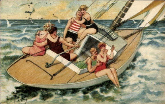 Artist Postcard Thiele, Arthur, Lovers in a sailboat