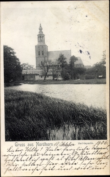 Ak Nordhorn in der Grafschaft Bentheim, Vechtepartie, Kirche