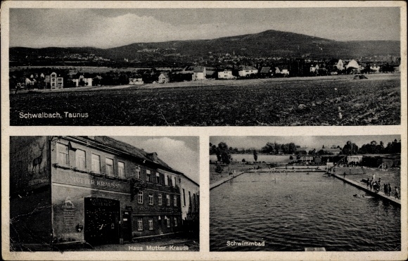 Postcard Schwalbach Taunus, total view of the place, house mother Krauss, swimming pool