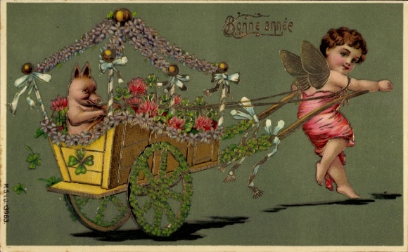 Glitter Chromo-Litho Happy New Year, Flower Cart, Angel, Pig, Clover