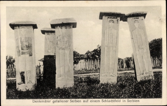 Postcard Serbia, monuments of fallen Serbs on a battlefield