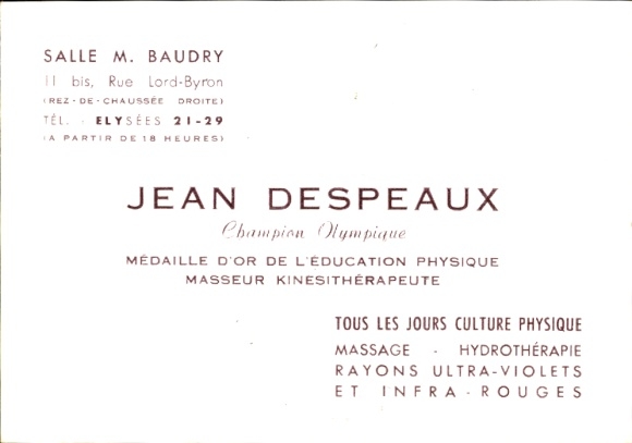 Postcard Olympic Games 1936, Jean Despeaux, Masseur Kinesitherapeute, advertisement