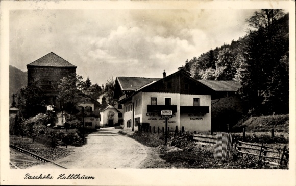 Postcard Bischofswiesen Upper Bavaria, Hallthurn pass, railway tracks, cafe