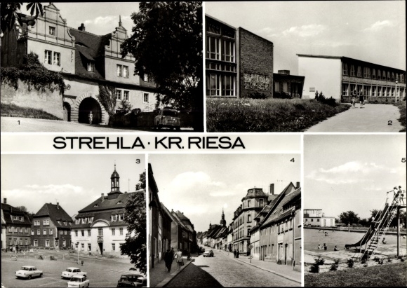 Postcard Strehla on the Elbe Saxony, gatehouse of the castle, Erich Weinert high school, town hall, swimming pool