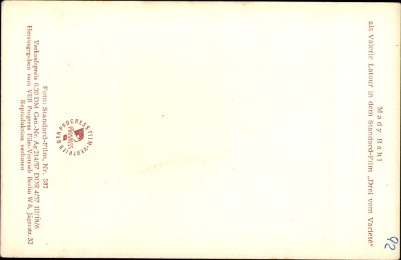 Postcard actress Mady Rahl, portrait, smoking cigarette, three from variety show