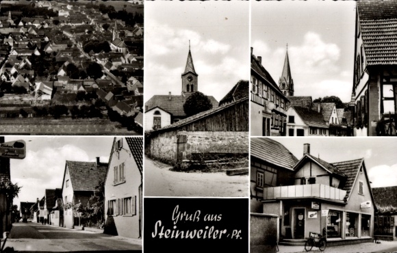 Postcard Steinweiler in der Pfalz, aerial photograph, church, street view