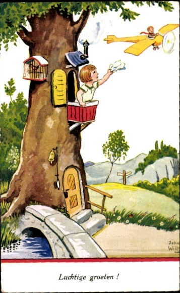 Artist Postcard Wills, John, Airy Greetings, Girl waving to a flying airplane