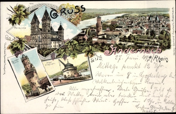 Litho Andernach am Rhein, Panorama vom Ort, Pfarrkirche, Runder Turm, Alter Kran