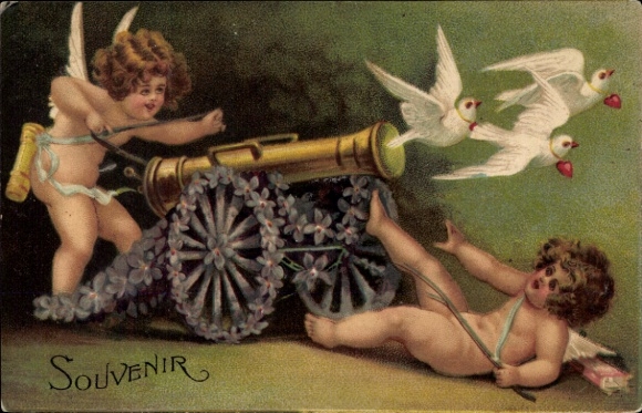 Embossed PC angels shooting pigeons from a cannon, violets