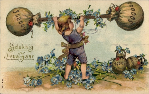 Präge Ak Glückwunsch Neujahr, Gewichtheber, Blumen, Geld