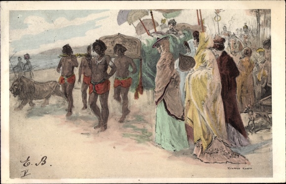 Artist PC Ranft, Richard, dark-skinned porters with sedan chair, elegant ladies, slaves, lion