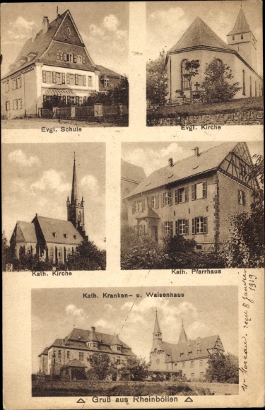 Postcard Rheinböllen in the Hunsrück, church, school, rectory, hospital and orphanage