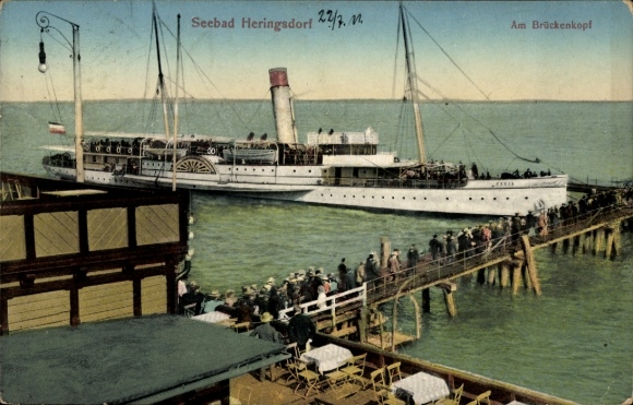 Postcard Ostseebad Heringsdorf on Usedom, Am Brückenkopf, steamer