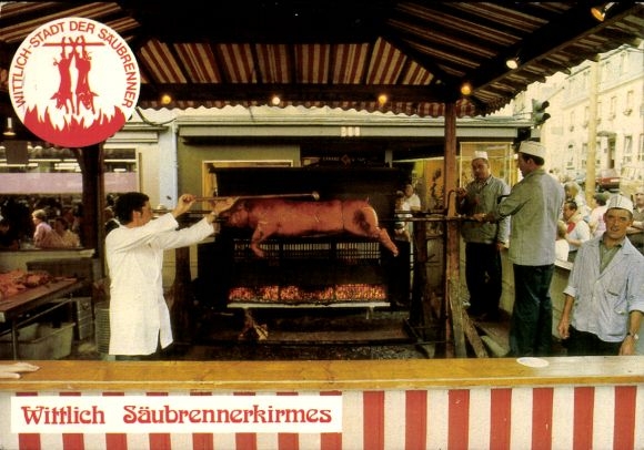 Postcard Wittlich in the Eifel, fair, crowd, pig on a spit