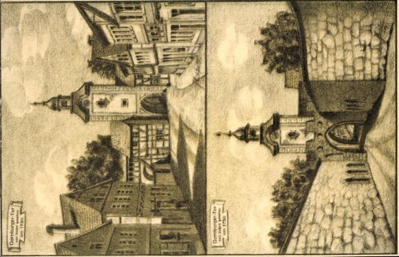 PC Zerbst in Anhalt, Domburger Gate around 1750, illustration, two views