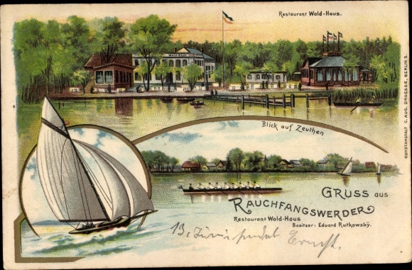 Ansichtkaart Berlijn Köpenick Schmöckwitz Rauchfangswerder, Restaurant Waldhaus, zeilboot, Zeuthen