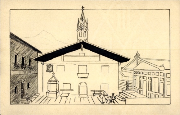 Hand-painted postal stationery PC church, terrace
