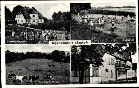 PC Plön in Holstein, Seehof youth colony of the Salvation Army, bathing beach, view over the pastures