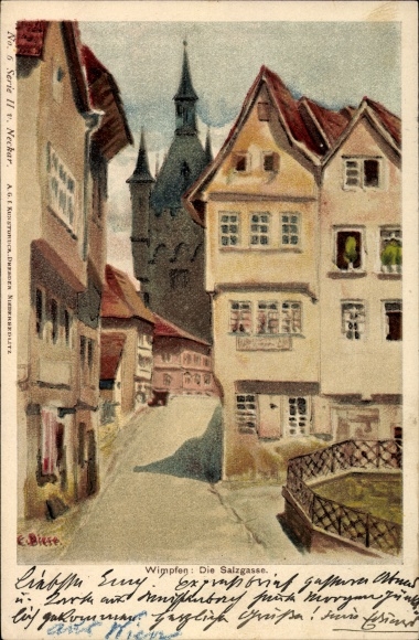 Artist Chromo-Litho Biese C., Bad Wimpfen am Neckar, The Salzgasse with a view of the church tower