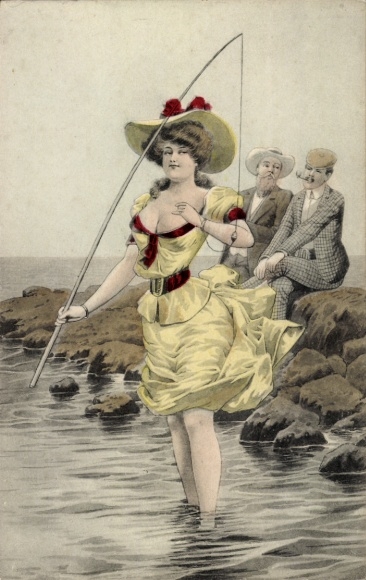 Artist Postcard Woman in a tight dress fishing