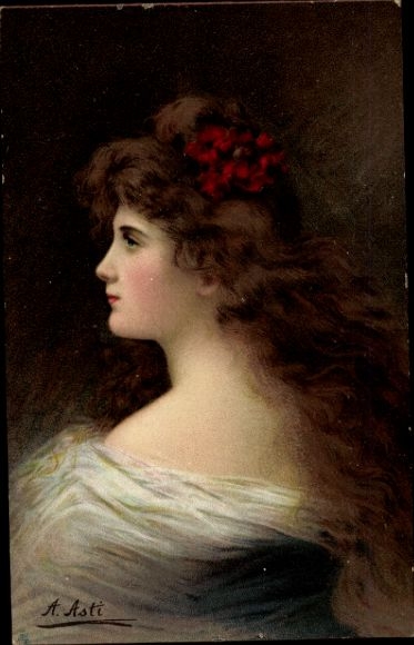Artist Postcard Asti, Angelo, portrait of a young woman with long brunette hair