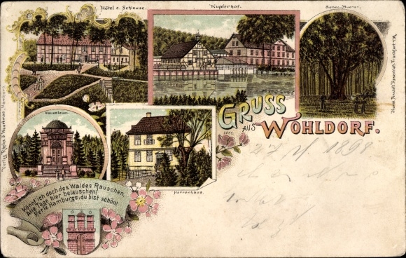 litho Hamburg Wandsbek Wohldorf, Hotel zur Schleuse, mausoleum, landhuis, wapenschild