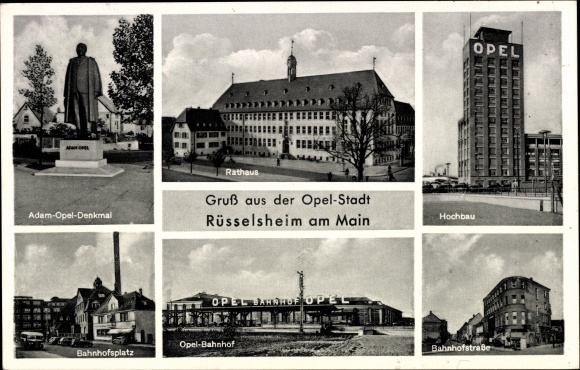 Ak Rüsselsheim Main, Adam Opel Denkmal, Rathaus, Bahnhof