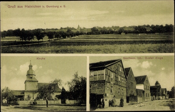 Postcard Hainichen Thuringia, church, guesthouse, total view