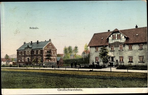 Golden Windows illuminated window Postcard Großschweidnitz in Saxony, school with neighboring building