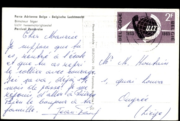 Postcard Belgisches Militärflugzeug, Force Aerienne Belge, Bimotor leger, Percival Pembroke