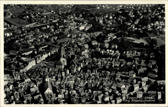 Postcard Siegen in Westphalia, aerial photograph from west, colored image of cityscape