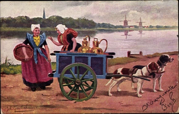 Artist PC Gerstenhauer, Johann, Georg, Netherlands, milkmaid in traditional costume, dog cart