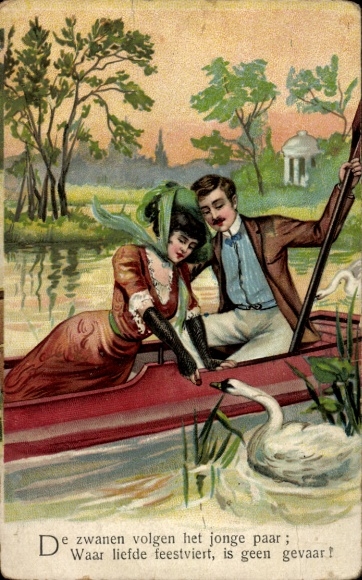 Artist Postcard Lovers, swans follow the young couple