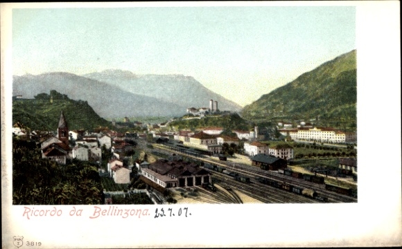 Postcard Bellinzona Canton Ticino, general view, train station, railway tracks