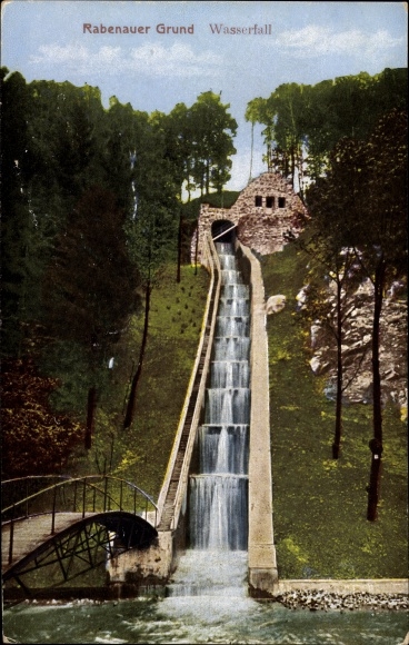 Postcard Rabenau in the Ore Mountains, Rabenauer Grund, waterfall, bridge