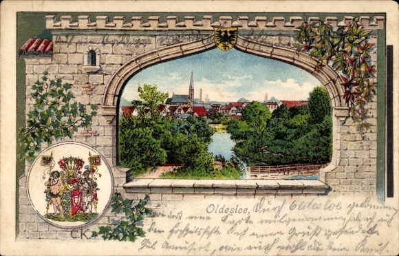 Embossed coat of arms passepartout litho Bad Oldesloe, partial view