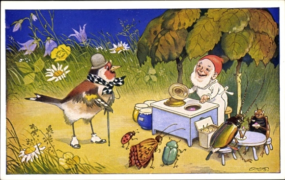 Artist Postcard Baumgarten, Fritz, Would you like a refreshment, dwarf, bird, beetle