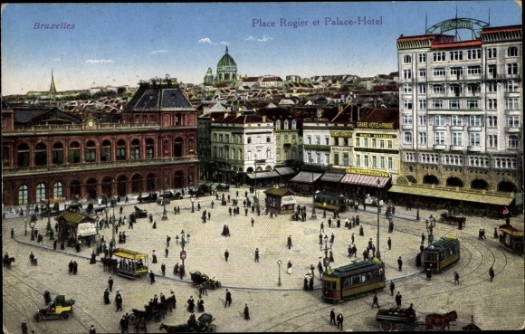 Postcard Brussels, Gare du Nord et Place Rogier, Hotel Palace, trams