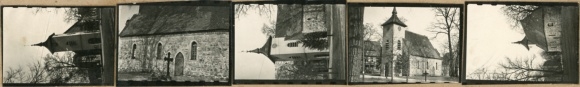 Contact print photos Berlin Reinickendorf West, village church, 5 photos approx. 2x4cm, negatives enclosed
