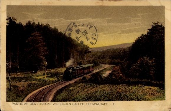 Postcard Langenschwalbach Bad Schwalbach im Taunus, steam locomotive, railway line to Wiesbaden