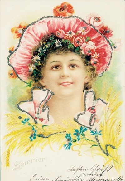 Glitter litho summer, portrait of woman, hat, poppies, cornflowers, ears of corn