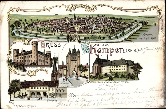 Chromo-Litho Kempen Leichlingen in the Rhineland, location around 1700, high school, town hall, cow gate, monastery