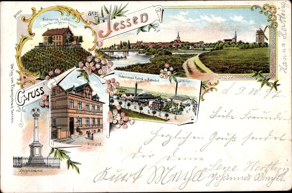 litho Jessen an der Elster, Erdmannshöhe, postkantoor, Fuhrmanns Fabrik, treinstation, oorlogsmonument
