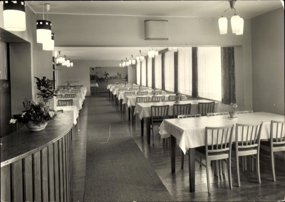 Postcard Erlbach in the Vogtland region, dining room in the holiday home, long rows of tables and chairs, large...