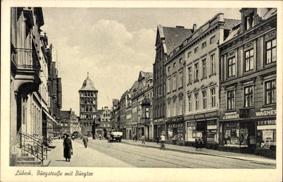 Postcard Hanseatic City of Lübeck, Burgstraße with Burgtor, shops