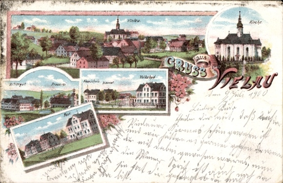 Postcard Vielau Reinsdorf Saxony, general view, church, brewery, post office, public bath