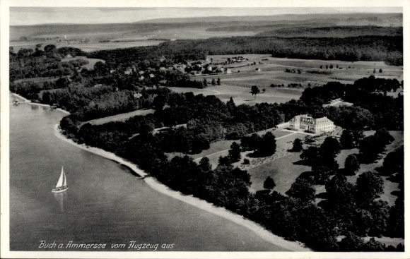 Postcard Buch am Ammersee Inning Upper Bavaria, aerial view of Lake Ammersee, sailing boat, green landscape